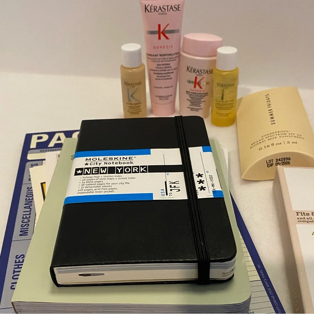 Travel/New York/Skin Care/Hair Samples/PowerPad/Everything in photo.